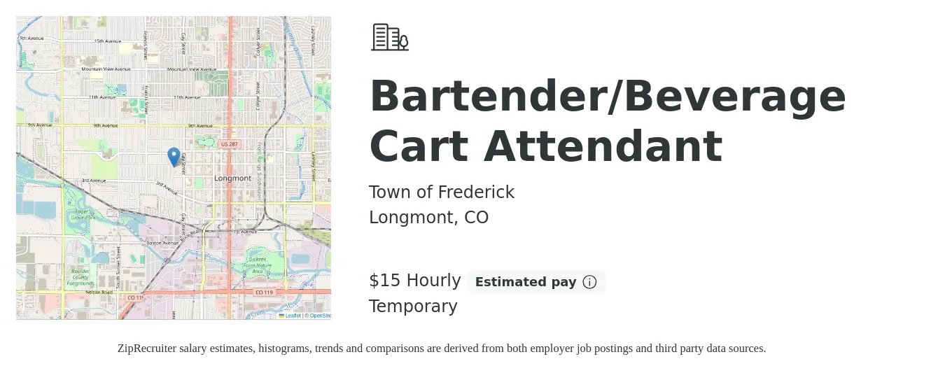 Town of Frederick job posting for a Bartender/Beverage Cart Attendant in Longmont, CO with a salary of $16 Hourly with a map of Longmont location.