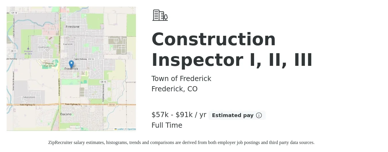 Town of Frederick job posting for a Construction Inspector I, II, III in Frederick, CO with a salary of $57,499 to $91,731 Yearly with a map of Frederick location.