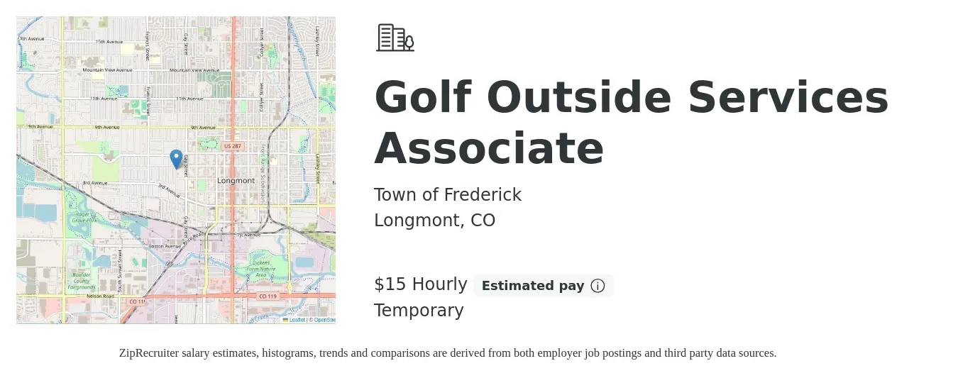 Town of Frederick job posting for a Golf Outside Services Associate in Longmont, CO with a salary of $16 Hourly with a map of Longmont location.