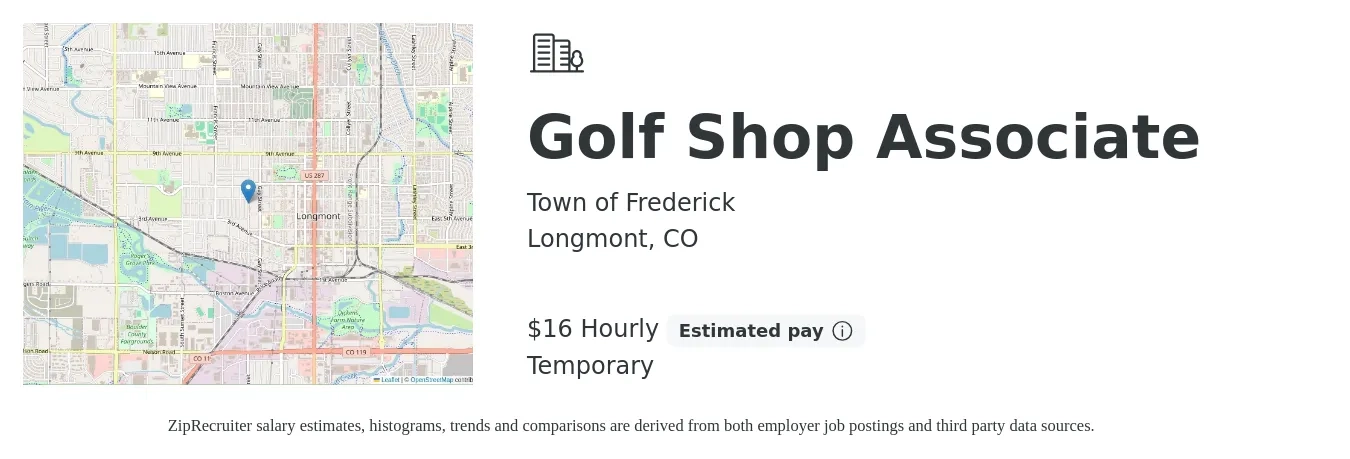 Town of Frederick job posting for a Golf Shop Associate in Longmont, CO with a salary of $18 Hourly with a map of Longmont location.