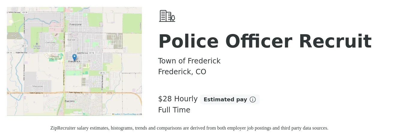 Town of Frederick job posting for a Police Officer Recruit in Frederick, CO with a salary of $30 Hourly with a map of Frederick location.