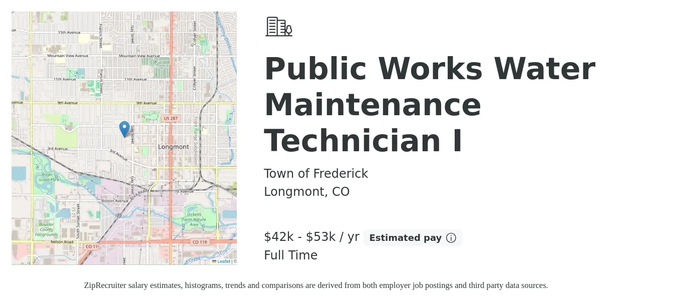Town of Frederick job posting for a Public Works Water Maintenance Technician I in Longmont, CO with a salary of $42,907 to $64,360 Yearly with a map of Longmont location.