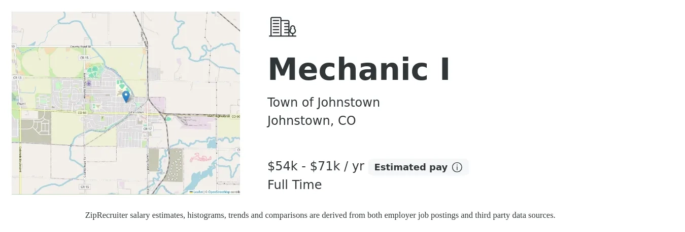 Town of Johnstown job posting for a Mechanic I in Johnstown, CO with a salary of $54,349 to $71,741 Yearly with a map of Johnstown location.