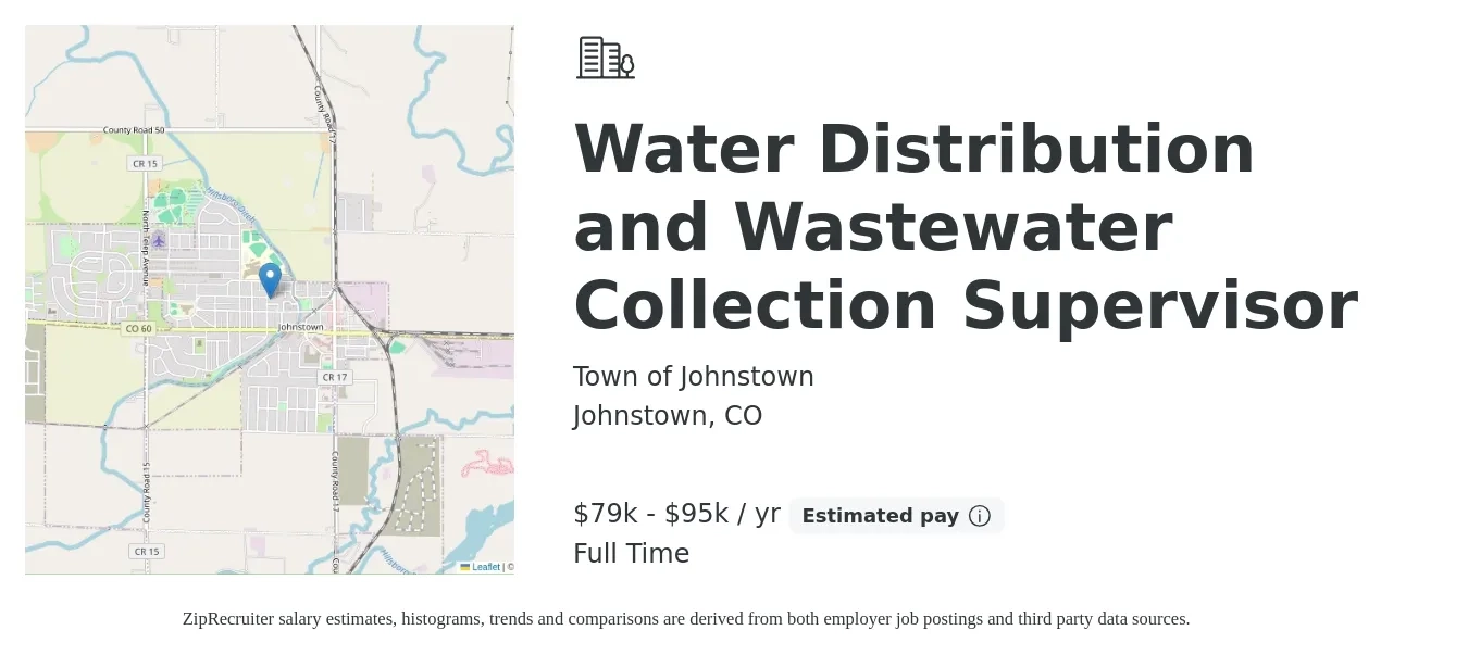 Town of Johnstown job posting for a Water Distribution and Wastewater Collection Supervisor in Johnstown, CO with a salary of $79,573 to $95,487 Yearly with a map of Johnstown location.