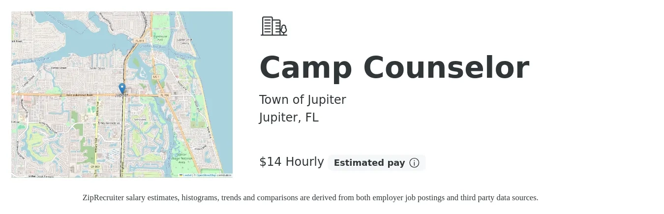 Town of Jupiter job posting for a Camp Counselor in Jupiter, FL with a salary of $15 Hourly with a map of Jupiter location.