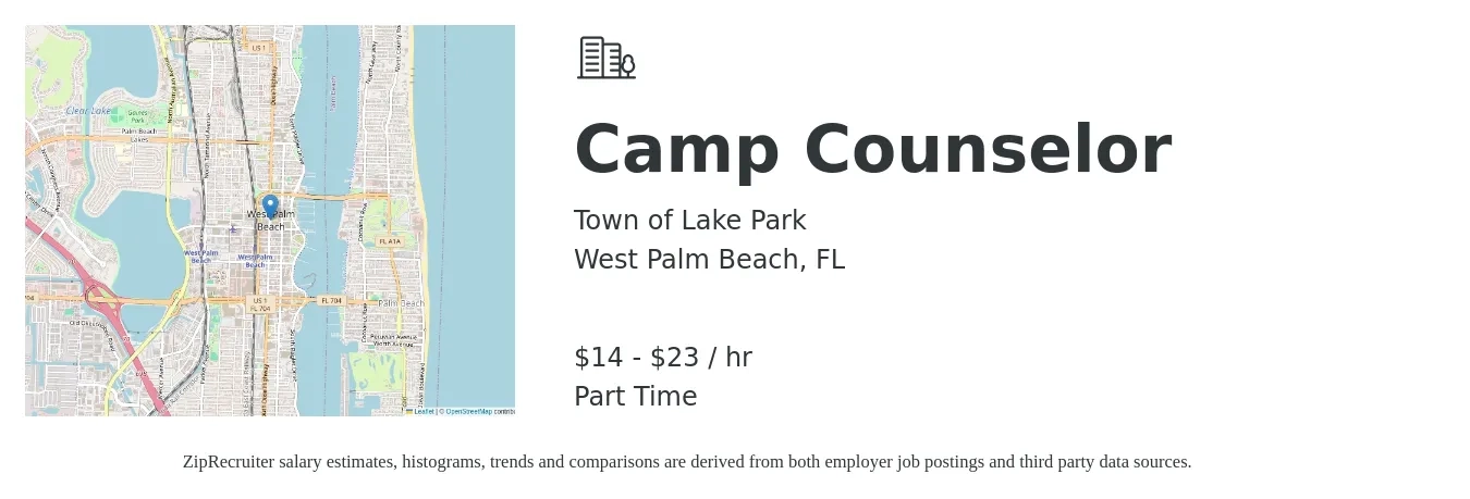 Town of Lake Park job posting for a Camp Counselor in West Palm Beach, FL with a salary of $15 to $25 Hourly with a map of West Palm Beach location.