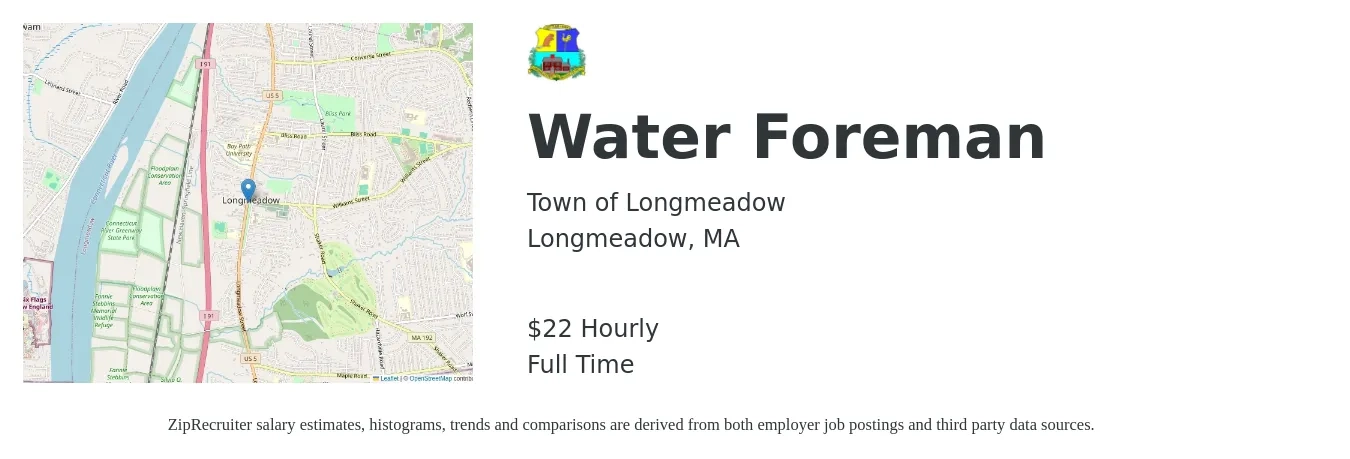 Town of Longmeadow job posting for a Water Foreman in Longmeadow, MA with a salary of $23 Hourly with a map of Longmeadow location.