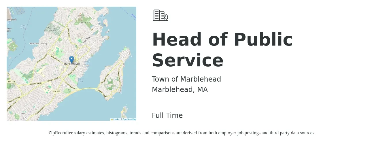 Town of Marblehead job posting for a HEAD OF PUBLIC SERVICE in Marblehead, MA with a salary of $73,345 to $95,349 Yearly with a map of Marblehead location.