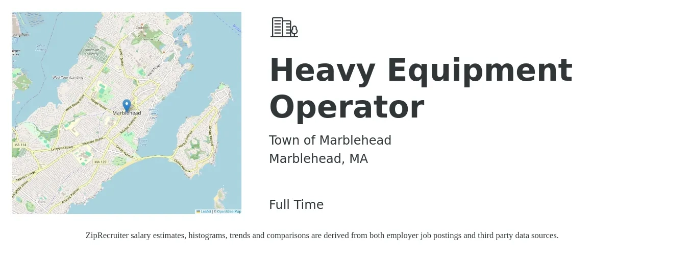 Town of Marblehead job posting for a Heavy Equipment Operator in Marblehead, MA with a salary of $960 to $1,171 Weekly with a map of Marblehead location.