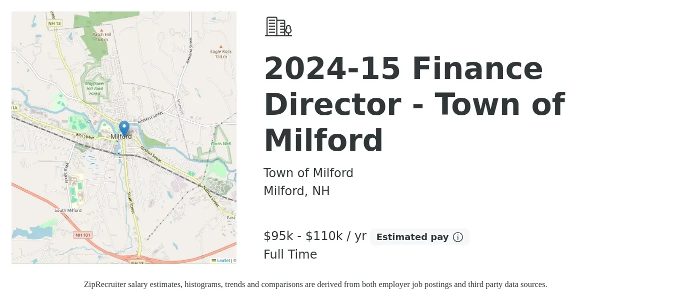 Town of Milford job posting for a 2024-15 Finance Director - Town of Milford in Milford, NH with a salary of $95,000 to $110,000 Yearly with a map of Milford location.