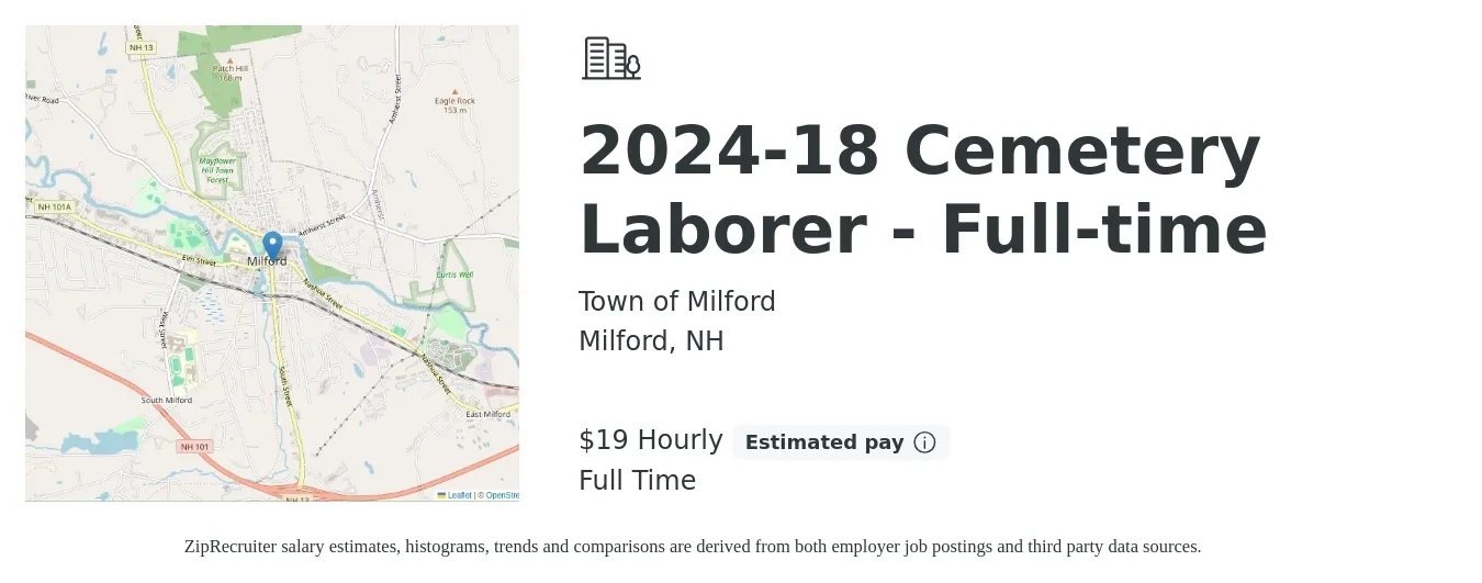 Town of Milford job posting for a 2024-18 Cemetery Laborer - Full-time in Milford, NH with a salary of $20 Hourly with a map of Milford location.