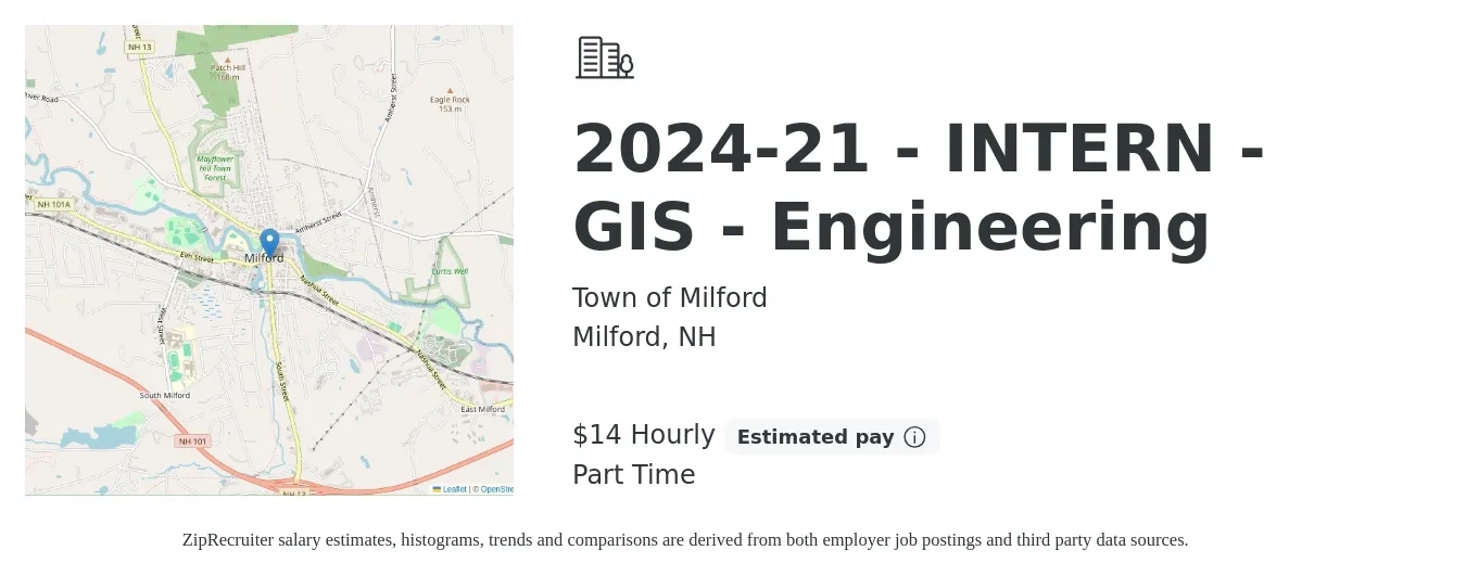 Town of Milford job posting for a 2024-21 - INTERN - GIS - Engineering in Milford, NH with a salary of $15 to $15 Hourly with a map of Milford location.