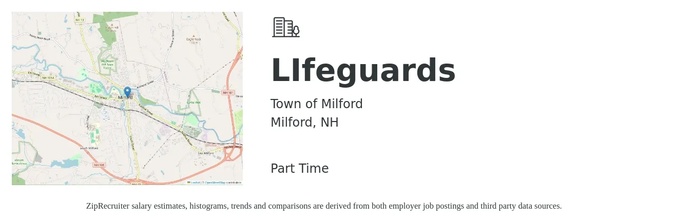 Town of Milford job posting for a LIfeguards in Milford, NH with a salary of $15 to $19 Hourly with a map of Milford location.