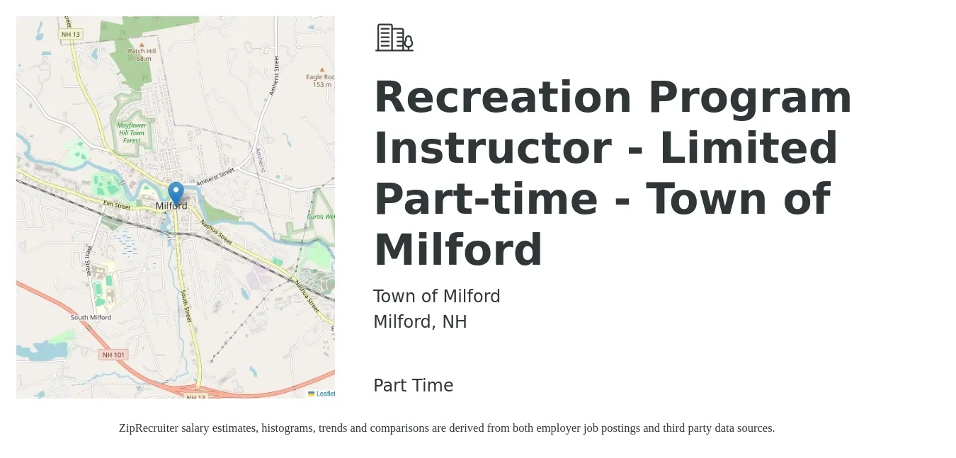 Town of Milford job posting for a Recreation Program Instructor - Limited Part-time - Town of Milford in Milford, NH with a salary of $19 to $27 Hourly with a map of Milford location.