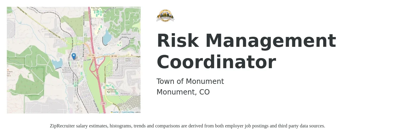 Town of Monument job posting for a Risk Management Coordinator in Monument, CO with a salary of $21 to $29 Hourly with a map of Monument location.