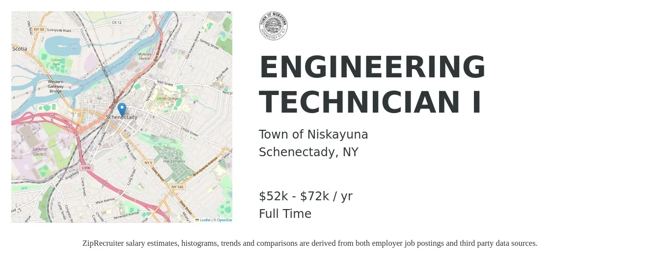 Town of Niskayuna job posting for a ENGINEERING TECHNICIAN I in Schenectady, NY with a salary of $52,100 to $72,300 Yearly with a map of Schenectady location.