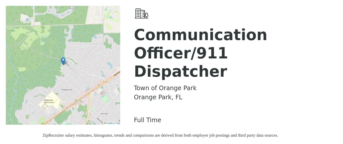 Town of Orange Park job posting for a Communication Officer/911 Dispatcher in Orange Park, FL with a salary of $42,396 to $61,142 Yearly with a map of Orange Park location.