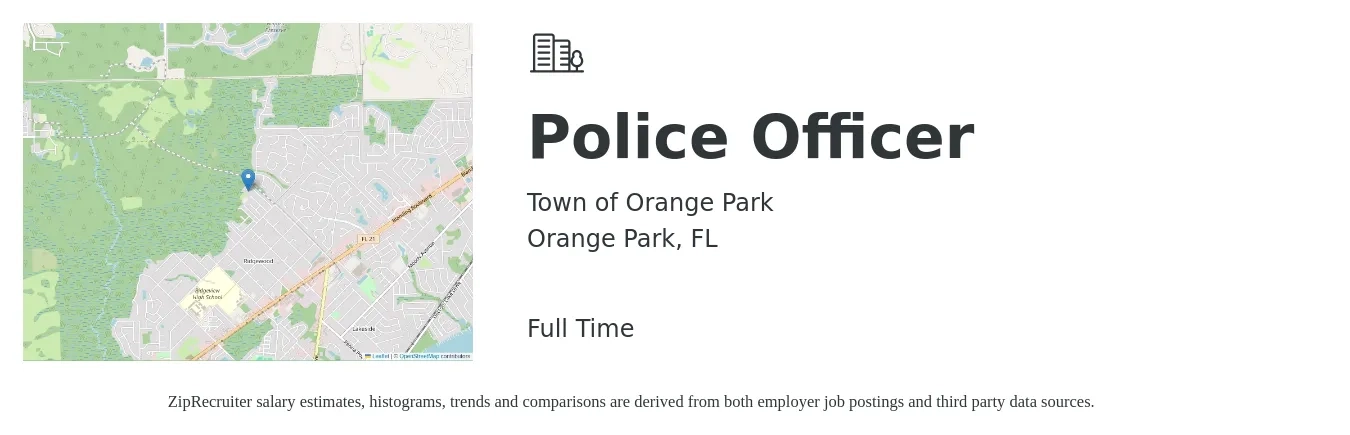 Town of Orange Park job posting for a Police Officer in Orange Park, FL with a salary of $50,209 to $73,744 Yearly with a map of Orange Park location.