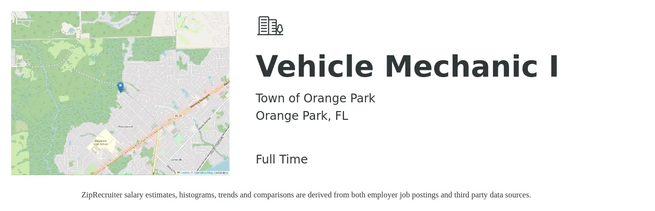 Town of Orange Park job posting for a Vehicle Mechanic I in Orange Park, FL with a salary of $16 to $24 Hourly with a map of Orange Park location.