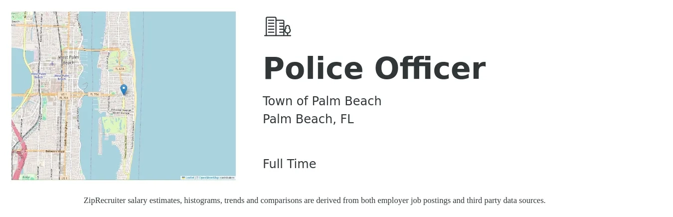 Town of Palm Beach job posting for a Police Officer in Palm Beach, FL with a salary of $46,900 to $72,100 Yearly with a map of Palm Beach location.