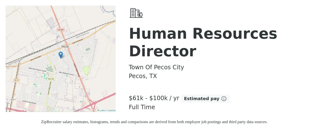 Town Of Pecos City job posting for a Human Resources Director in Pecos, TX with a salary of $61,968 to $100,523 Yearly with a map of Pecos location.