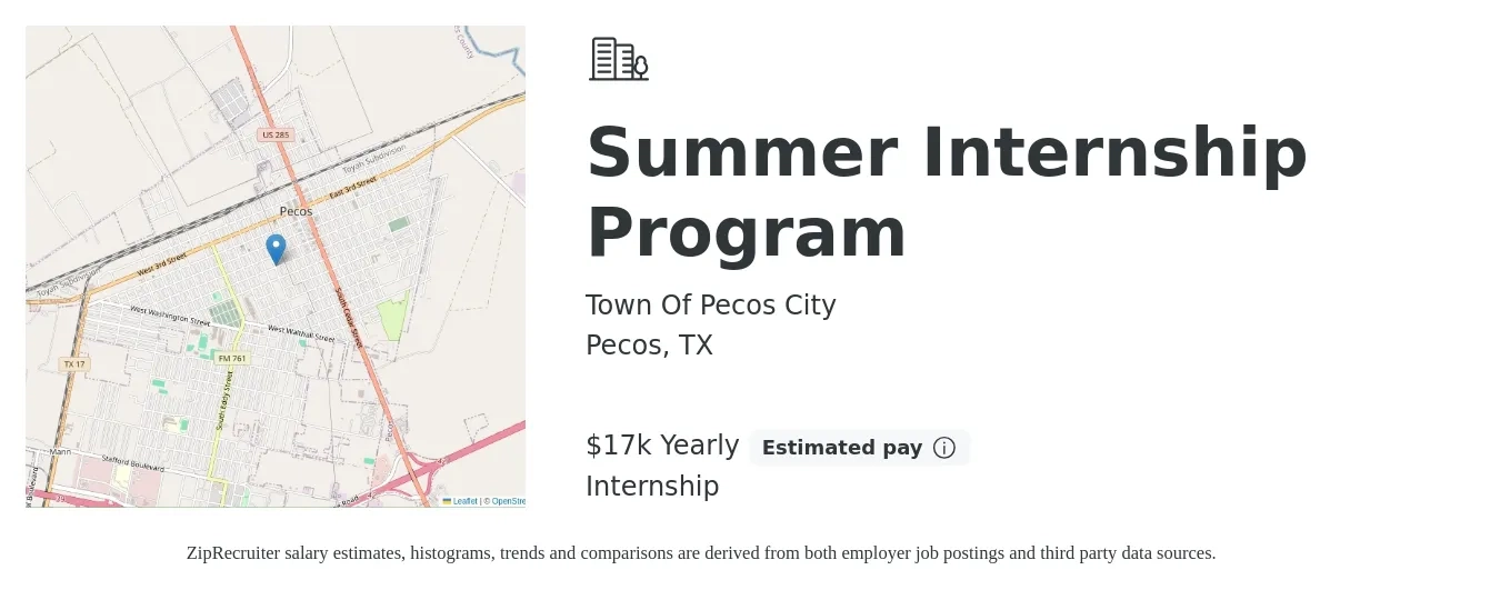 Town Of Pecos City job posting for a Summer Internship Program in Pecos, TX with a salary of $17,000 to $17,875 Yearly with a map of Pecos location.