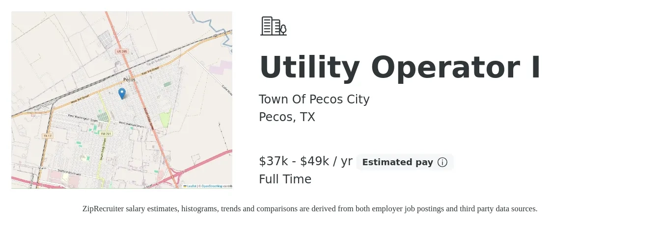 Town Of Pecos City job posting for a Utility Operator I in Pecos, TX with a salary of $37,440 to $49,978 Yearly with a map of Pecos location.