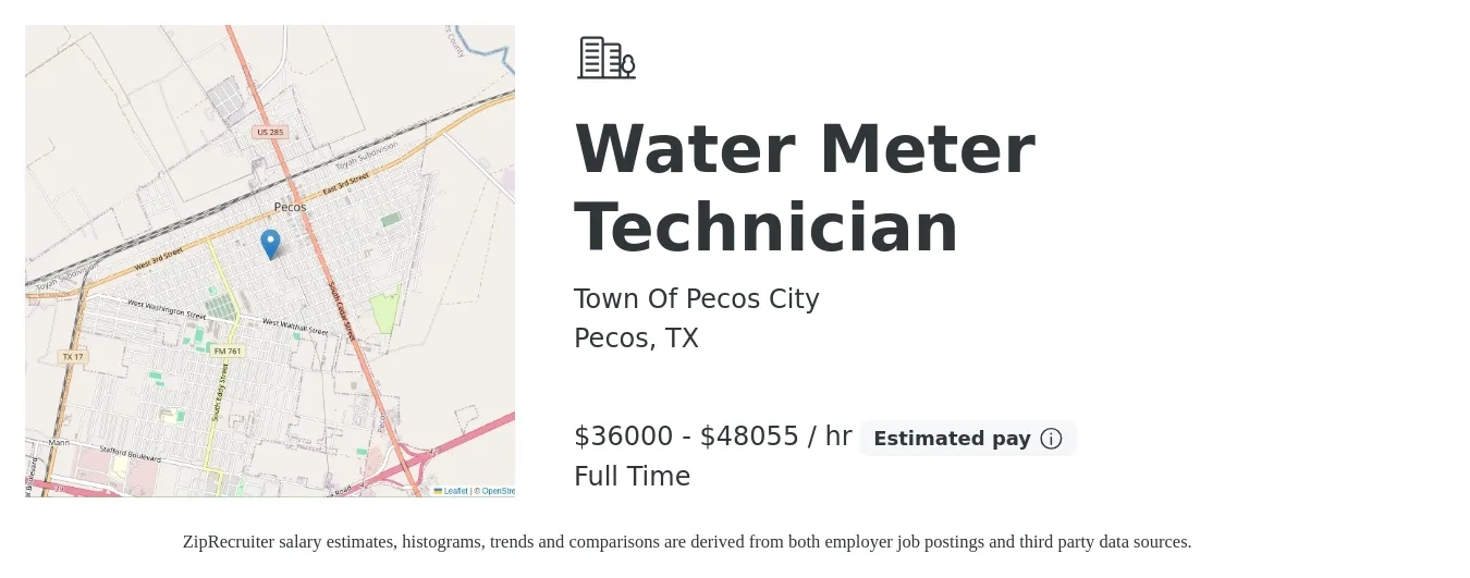 Town Of Pecos City job posting for a Water Meter Technician in Pecos, TX with a salary of $37,440 to $49,978 Hourly with a map of Pecos location.