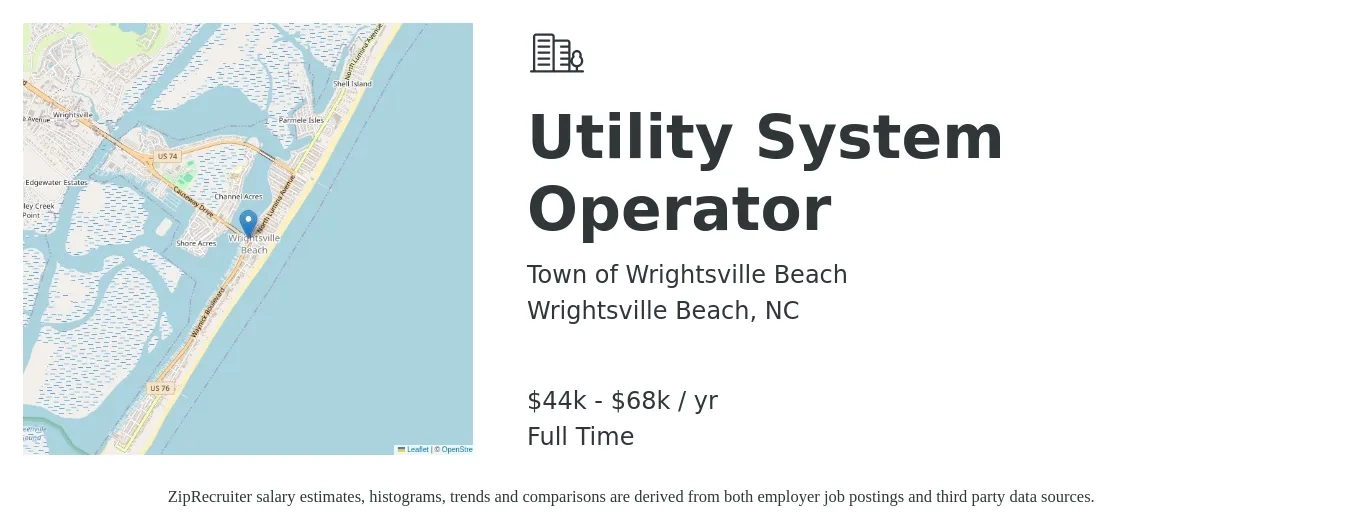 Town of Wrightsville Beach job posting for a Utility System Operator in Wrightsville Beach, NC with a salary of $44,000 to $68,000 Yearly with a map of Wrightsville Beach location.