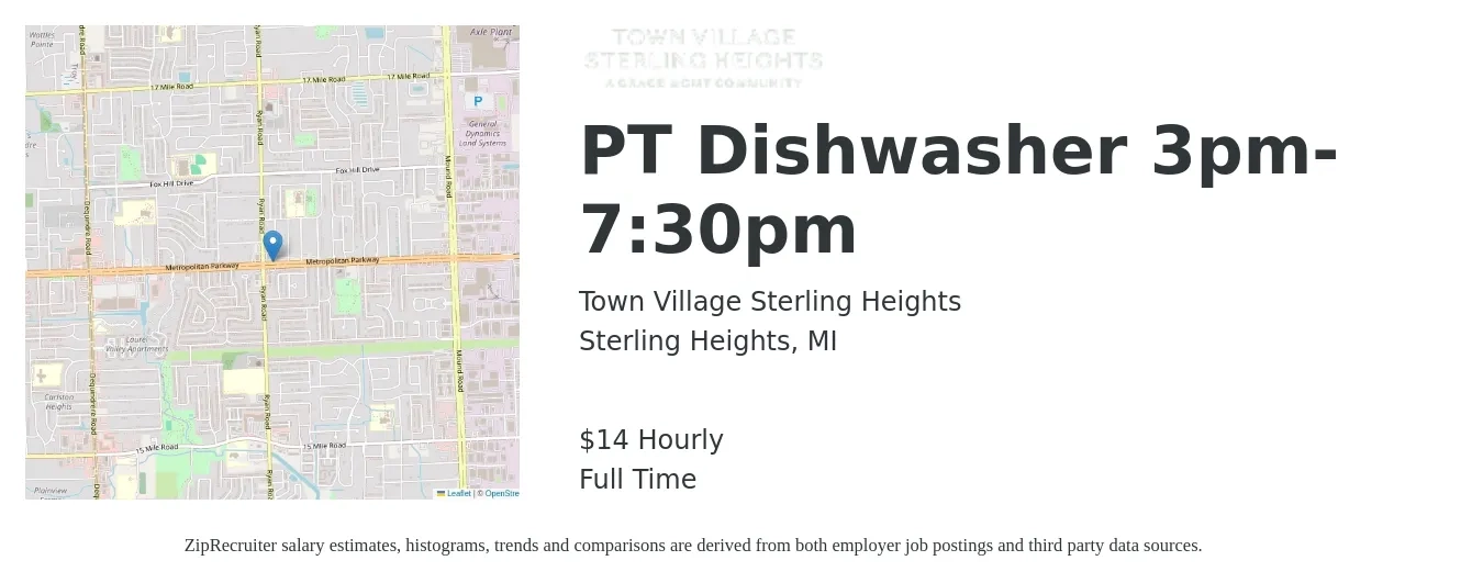 Town Village Sterling Heights job posting for a PT Dishwasher 3pm-7:30pm in Sterling Heights, MI with a salary of $15 Hourly with a map of Sterling Heights location.