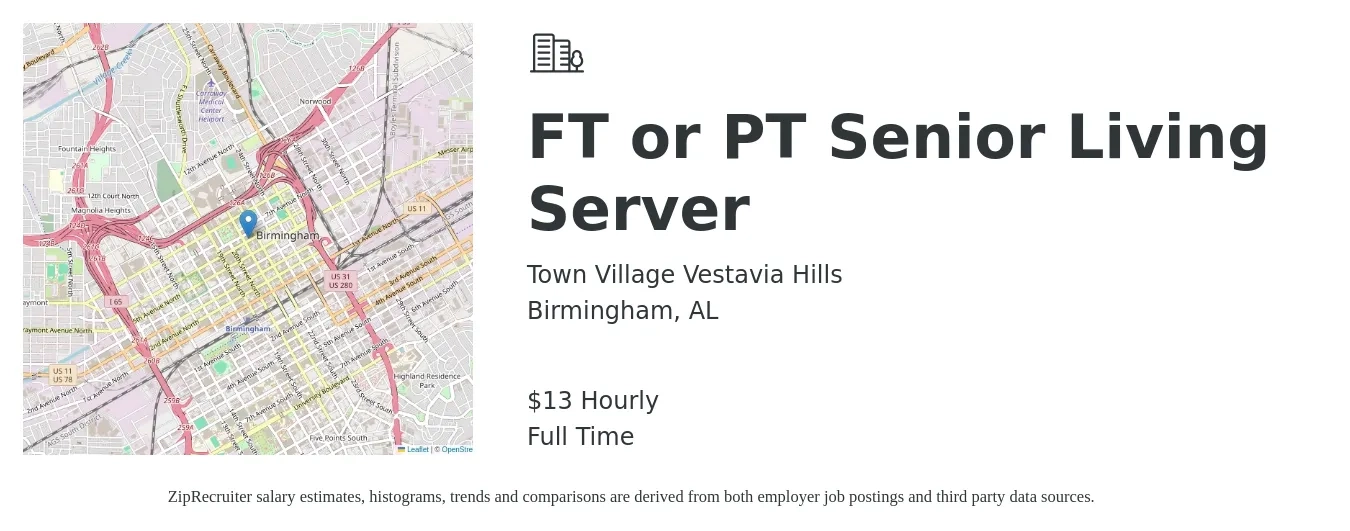 Town Village Vestavia Hills job posting for a FT or PT Senior Living Server in Birmingham, AL with a salary of $14 Hourly with a map of Birmingham location.
