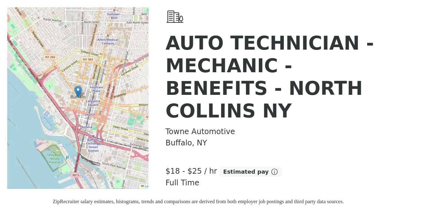 Towne Automotive job posting for a AUTO TECHNICIAN - MECHANIC - BENEFITS - NORTH COLLINS NY in Buffalo, NY with a salary of $19 to $27 Hourly with a map of Buffalo location.