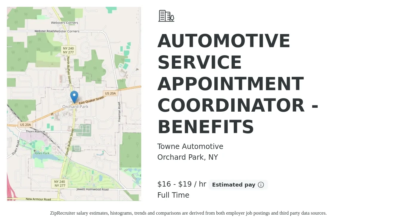 Towne Automotive job posting for a AUTOMOTIVE SERVICE APPOINTMENT COORDINATOR - BENEFITS in Orchard Park, NY with a salary of $16 to $19 Hourly with a map of Orchard Park location.