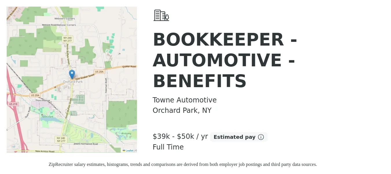Towne Automotive job posting for a BOOKKEEPER - AUTOMOTIVE - BENEFITS in Orchard Park, NY with a salary of $39,000 to $50,000 Yearly with a map of Orchard Park location.