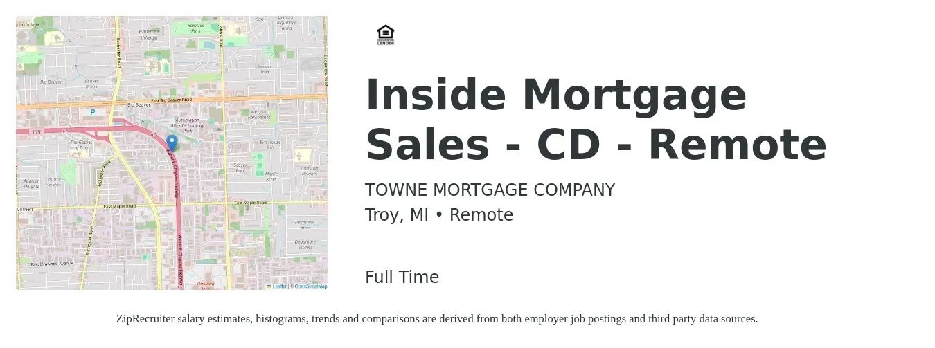 TOWNE MORTGAGE COMPANY job posting for a Inside Mortgage Sales - CD - Remote in Troy, MI with a salary of $48,700 to $93,700 Yearly with a map of Troy location.