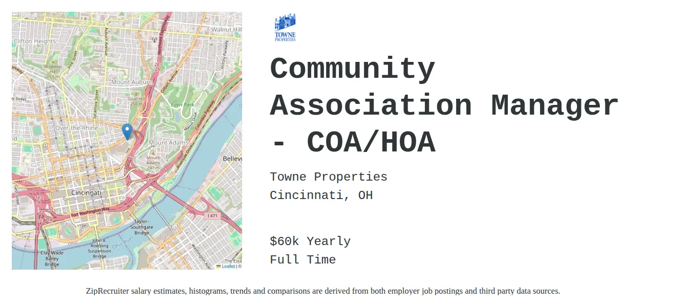 Towne Properties job posting for a Community Association Manager - COA/HOA in Cincinnati, OH with a salary of $60,000 Annually and benefits including Medical, Vision, Dental, PTO, and Retirement with a map of Cincinnati location.