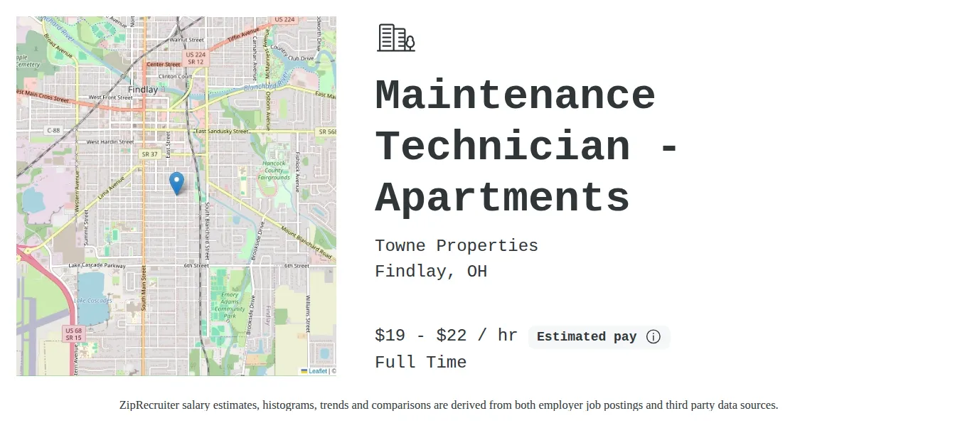 Towne Properties job posting for a Maintenance Technician - Apartments in Findlay, OH with a salary of $20 to $23 Hourly and benefits including Medical, Vision, Dental, PTO, and Retirement with a map of Findlay location.
