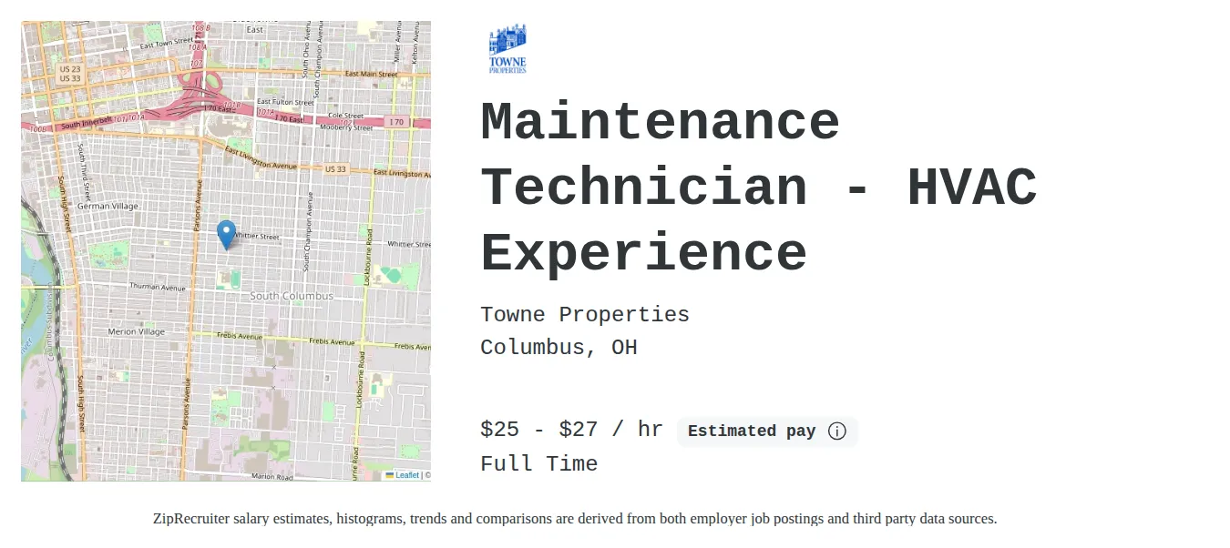 Towne Properties job posting for a Maintenance Technician - HVAC Experience in Columbus, OH with a salary of $27 to $29 Hourly and benefits including Medical, Vision, Dental, PTO, and Retirement with a map of Columbus location.