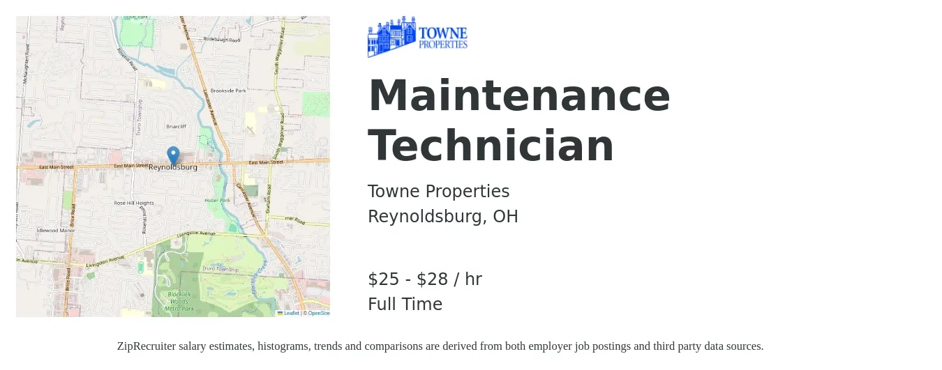 Towne Properties job posting for a Maintenance Technician in Reynoldsburg, OH with a salary of $25 to $30 Yearly with a map of Reynoldsburg location.