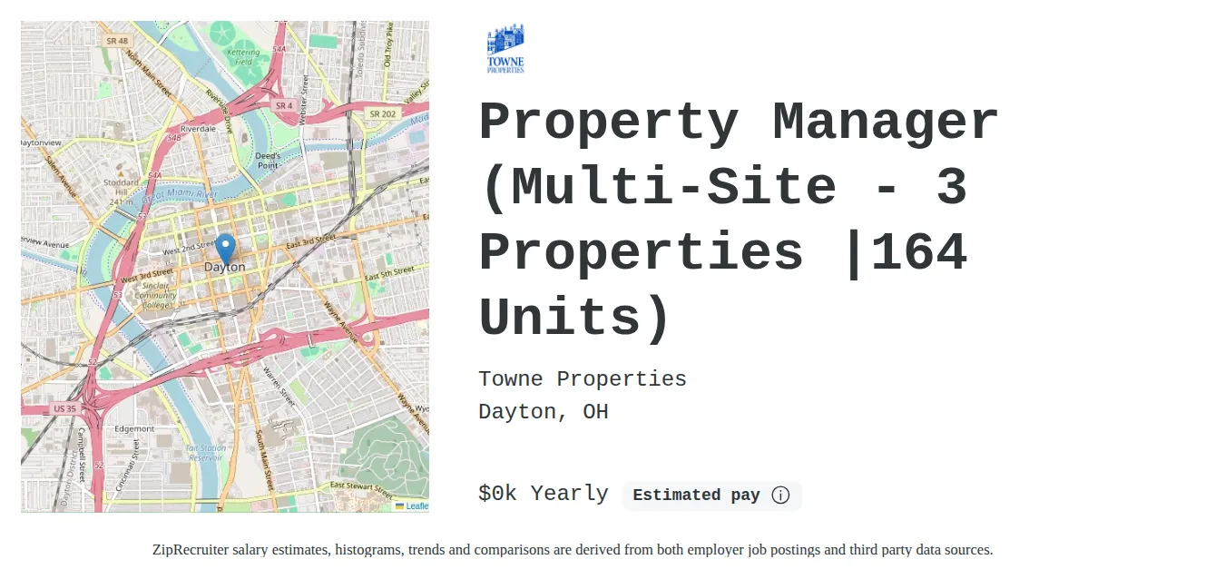 Towne Properties job posting for a Property Manager (Multi-Site - 3 Properties |164 Units) in Centerville, OH with a salary of $55 to $62 Annually and benefits including Medical, Vision, Dental, PTO, Life, and Retirement with a map of Centerville location.
