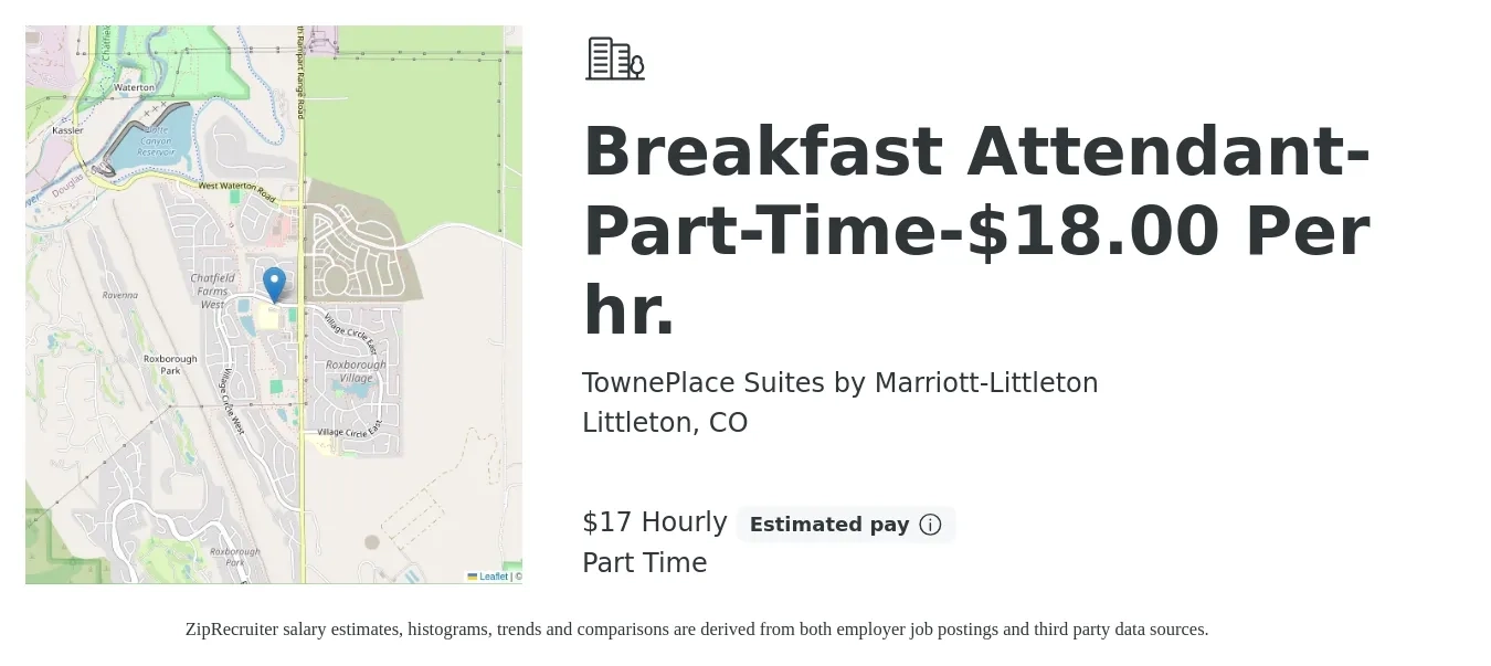 TownePlace Suites by Marriott- Littleton job posting for a Breakfast Attendant-Part-Time-$18.00 Per hr. in Littleton, CO with a salary of $18 Hourly with a map of Littleton location.