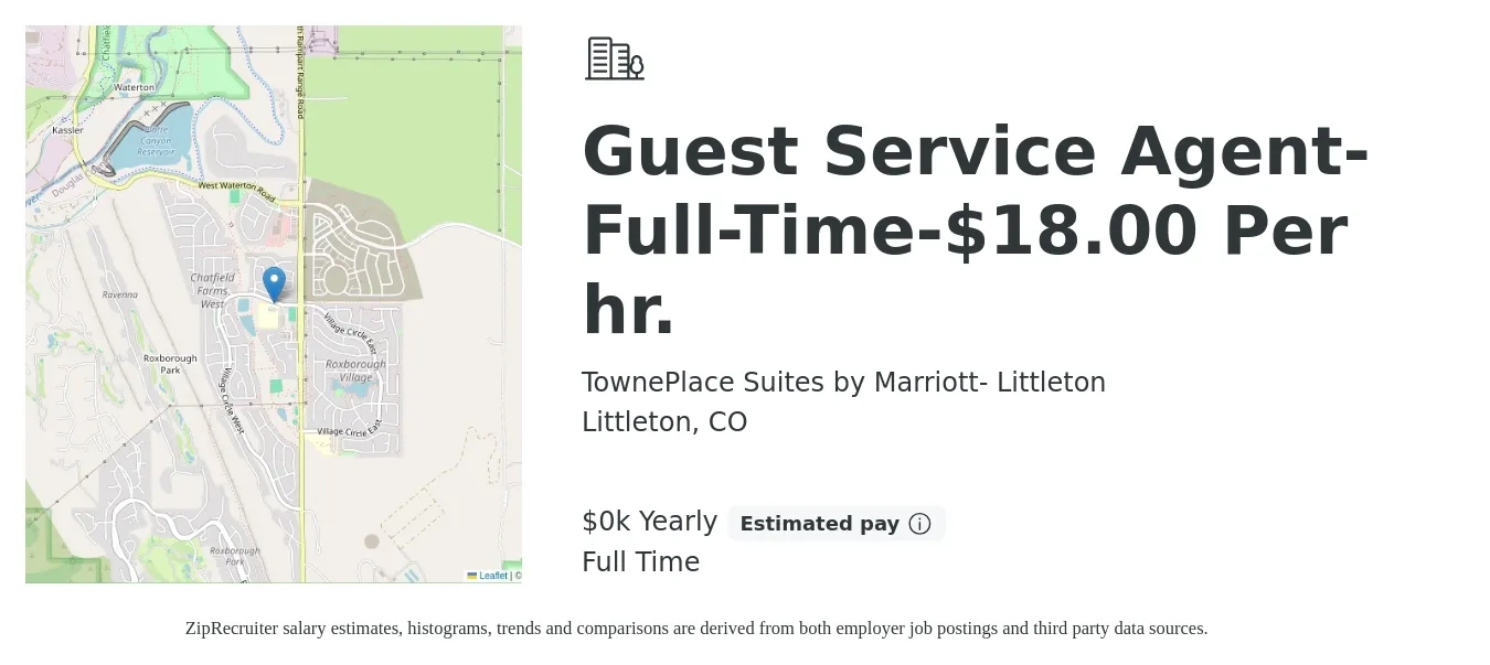 TownePlace Suites by Marriott- Littleton job posting for a Guest Service Agent-Full-Time-$18.00 Per hr. in Littleton, CO with a salary of $18 Yearly with a map of Littleton location.