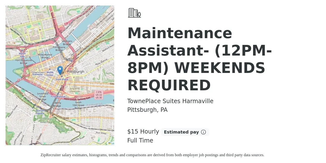 TownePlace Suites Harmaville job posting for a Maintenance Assistant- (12PM-8PM) WEEKENDS REQUIRED in Pittsburgh, PA with a salary of $16 Hourly with a map of Pittsburgh location.