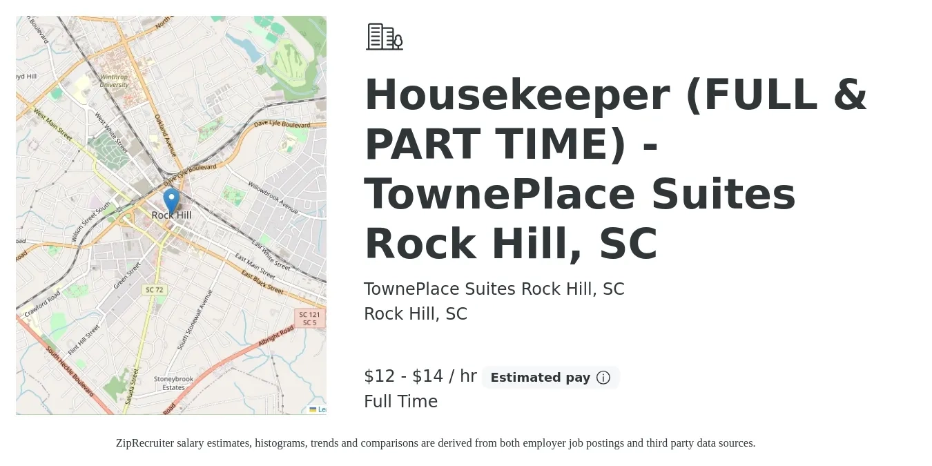 TownePlace Suites Rock Hill, SC job posting for a Housekeeper (FULL & PART TIME) - TownePlace Suites Rock Hill, SC in Rock Hill, SC with a salary of $13 to $15 Hourly with a map of Rock Hill location.