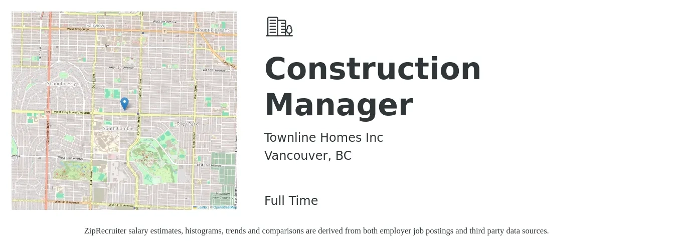 Townline Homes Inc job posting for a Construction Manager in Vancouver, BC with a salary of $105,000 to $150,000 Yearly with a map of Vancouver location.