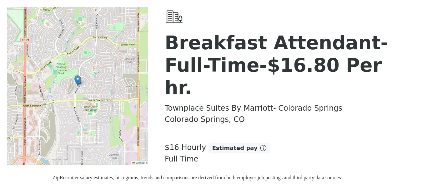 Townplace Suites By Marriott- Colorado Springs job posting for a Breakfast Attendant-Full-Time-$16.80 Per hr. - in Colorado Springs, CO with a salary of $17 Hourly with a map of Colorado Springs location.