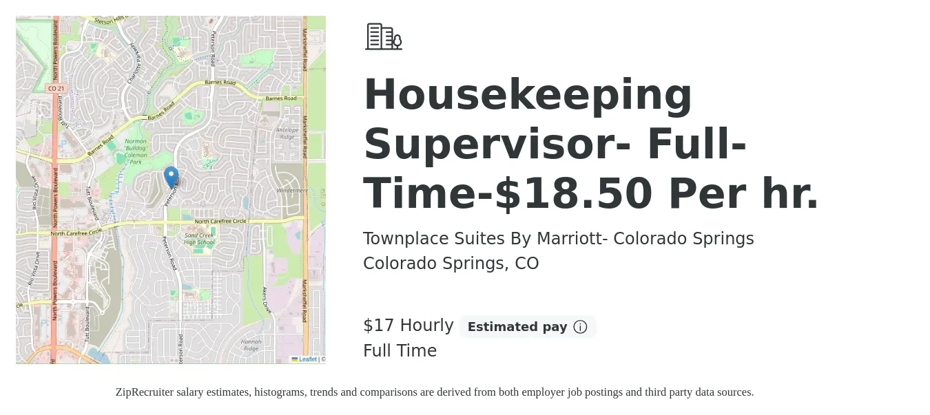 Townplace Suites By Marriott- Colorado Springs job posting for a Housekeeping Supervisor- Full-Time-$18.50 Per hr. in Colorado Springs, CO with a salary of $18 Hourly with a map of Colorado Springs location.