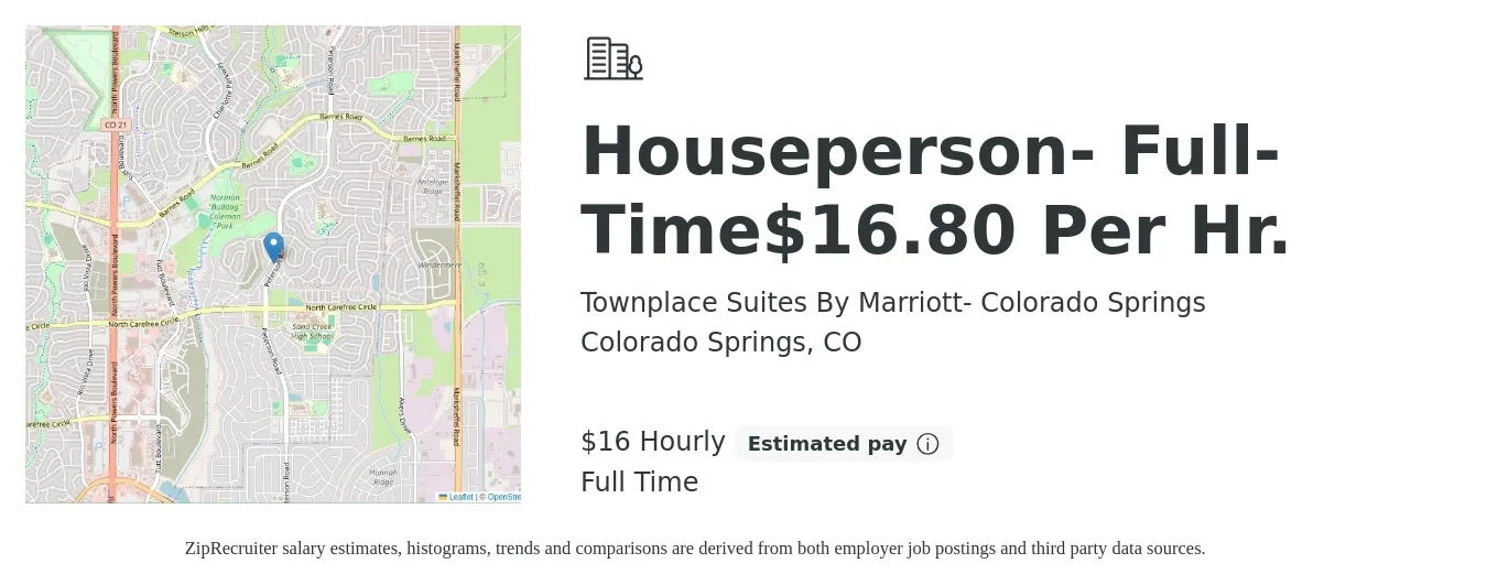 Townplace Suites By Marriott- Colorado Springs job posting for a Houseperson-Full-Time$16.80 Per hr. in Colorado Springs, CO with a salary of $17 Hourly with a map of Colorado Springs location.