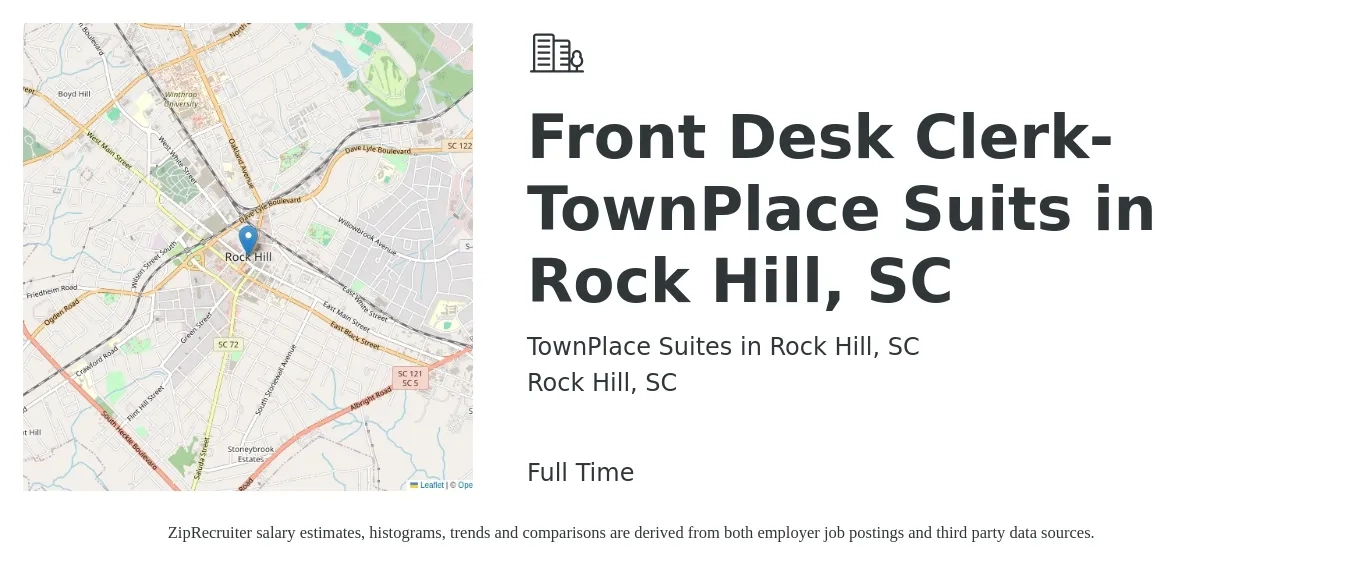 TownPlace Suites in Rock Hill, SC job posting for a Front Desk Clerk- TownPlace Suits in Rock Hill, SC in Rock Hill, SC with a salary of $12 to $15 Hourly with a map of Rock Hill location.
