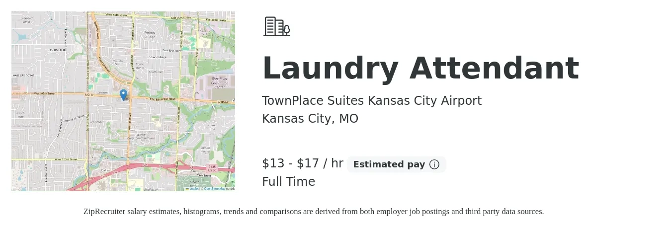 TownPlace Suites Kansas City Airport job posting for a Laundry Attendant in Kansas City, MO with a salary of $14 to $18 Hourly with a map of Kansas City location.